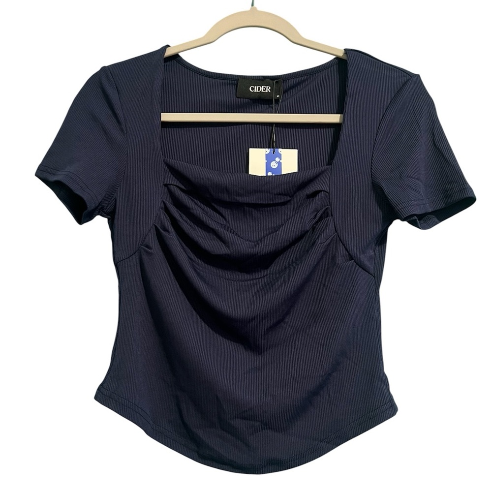 Cider Navy Ruched Square-Neck Short Sleeve Tee size m